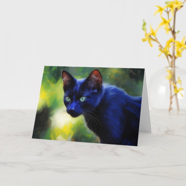 Black Cat in Oil Style Art Note Card (Yellow Flower)