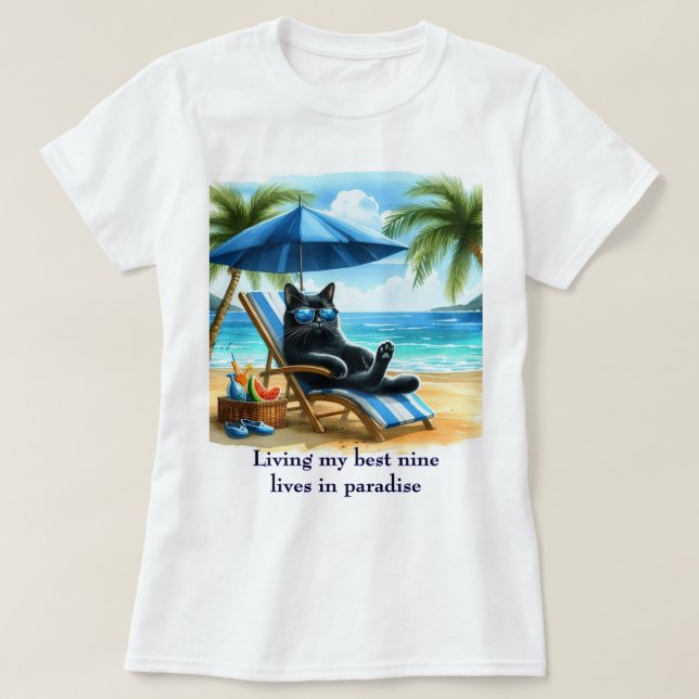 Black Cat in Paradise Beach Time  T-Shirt (Design Front)