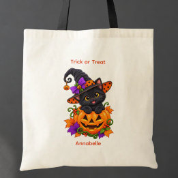 Black Cat in Pumpkin Personalized Tote Bag