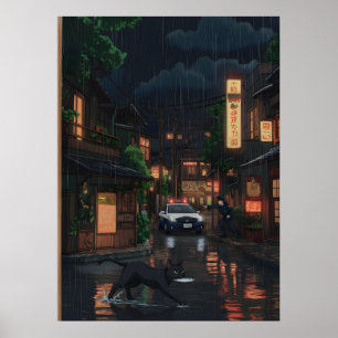 Black Cat in Rainy Neon Japanese Street Anime Art Poster