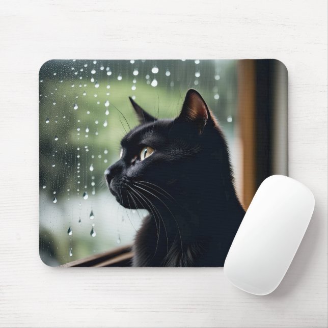 Black Cat In Rainy Window Mouse Pad (With Mouse)