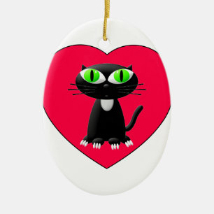 Black Cat In Red Heart Ceramic Ornament