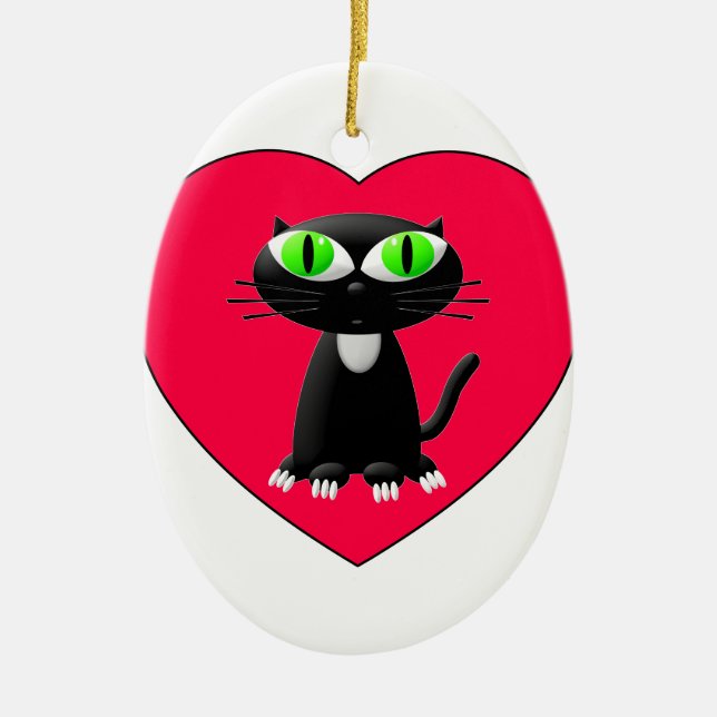 Black Cat In Red Heart Ceramic Ornament (Front)