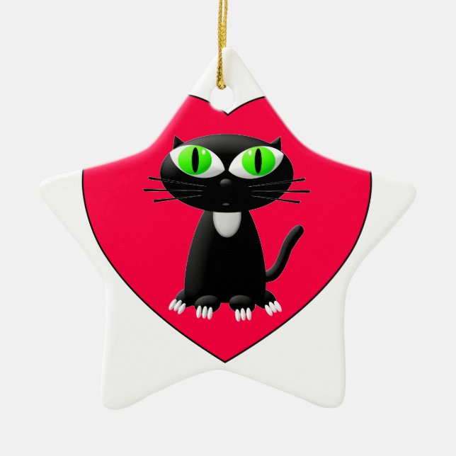 Black Cat In Red Heart Ceramic Ornament (Front)