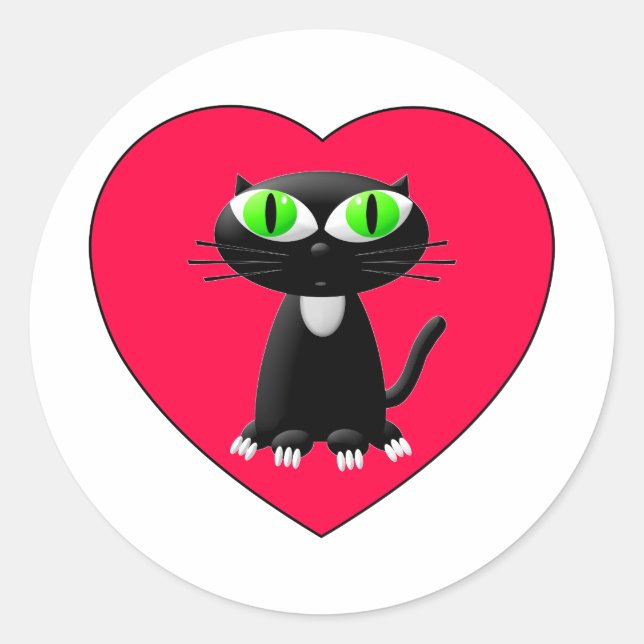 Black Cat In Red Heart Classic Round Sticker (Front)