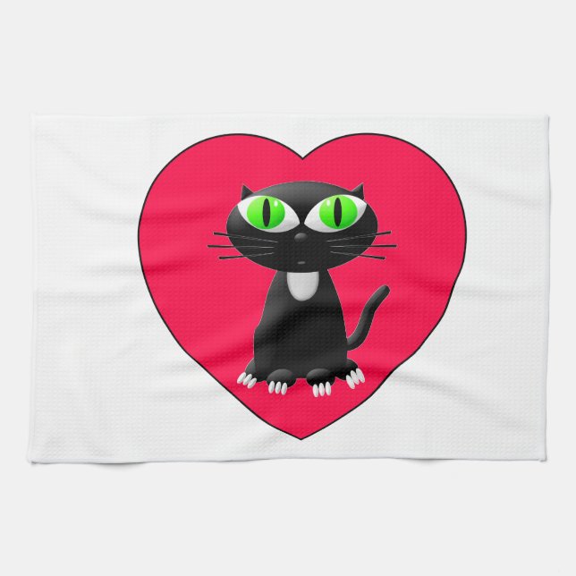 Black Cat In Red Heart Kitchen Towel (Horizontal)