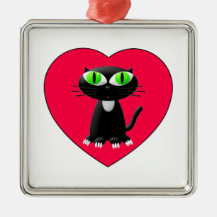 Black Cat In Red Heart Metal Ornament