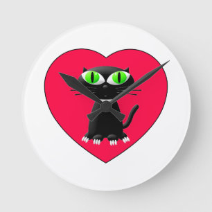 Black Cat In Red Heart Round Clock