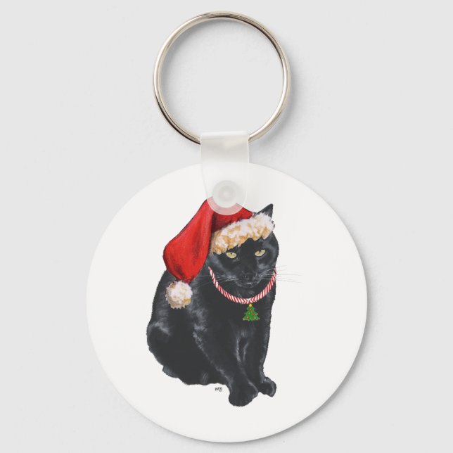 Black Cat in Santa Hat Keychain (Front)