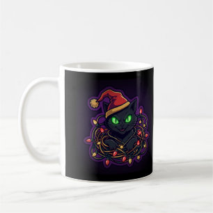 Black Cat in Santa Hat Tangled in Lights Mug