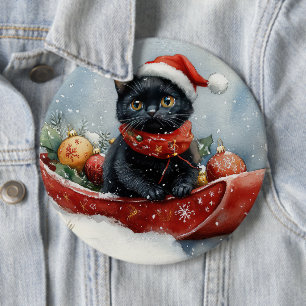 Black Cat in Sledge Let it Snow Christmas 6 Inch Round Button