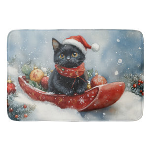Black Cat in Sledge Let it Snow Christmas Bath Mat