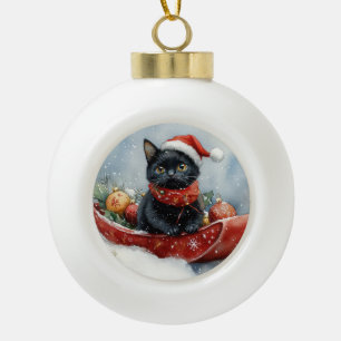 Black Cat in Sledge Let it Snow Christmas Ceramic Ball Christmas Ornament