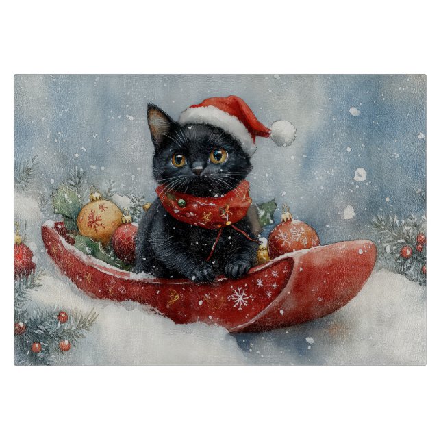 Black Cat in Sledge Let it Snow Christmas Cutting Board (Front)