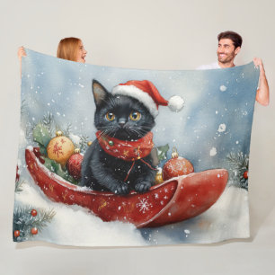 Black Cat in Sledge Let it Snow Christmas Fleece Blanket
