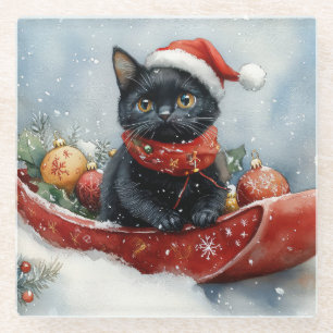Black Cat in Sledge Let it Snow Christmas Glass Coaster