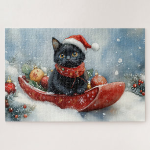 Black Cat in Sledge Let it Snow Christmas Jigsaw Puzzle