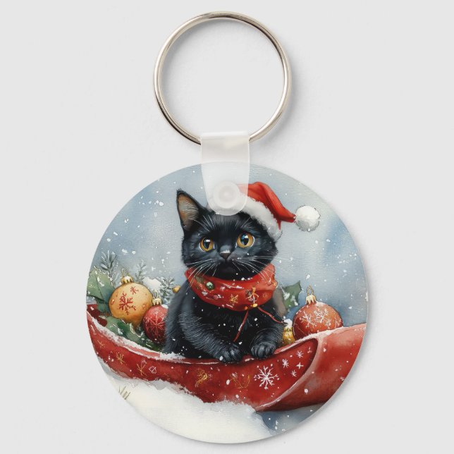 Black Cat in Sledge Let it Snow Christmas Keychain (Front)