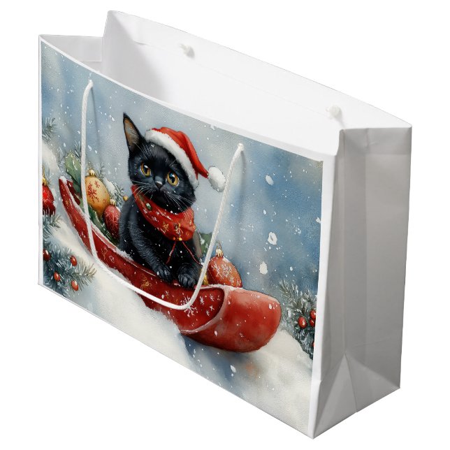 Black Cat in Sledge Let it Snow Christmas Large Gift Bag (Front Angled)