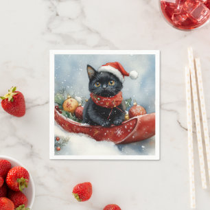 Black Cat in Sledge Let it Snow Christmas Napkin