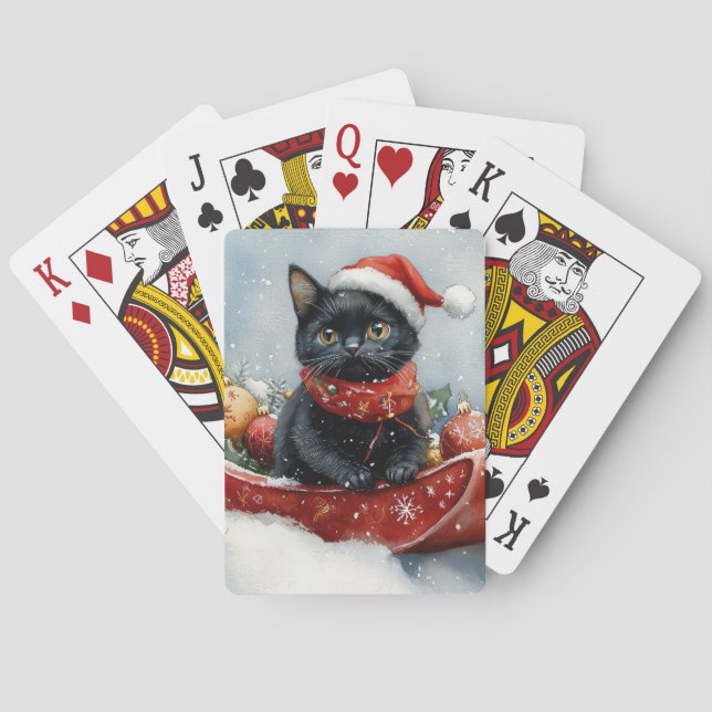 Black Cat in Sledge Let it Snow Christmas Playing Cards (Back)
