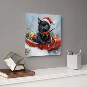 Black Cat in Sledge Let it Snow Christmas Square Wall Clock