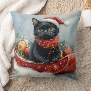 Black Cat in Sledge Let it Snow Christmas Throw Pillow