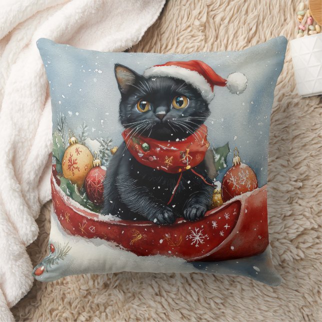 Black Cat in Sledge Let it Snow Christmas Throw Pillow (Blanket)