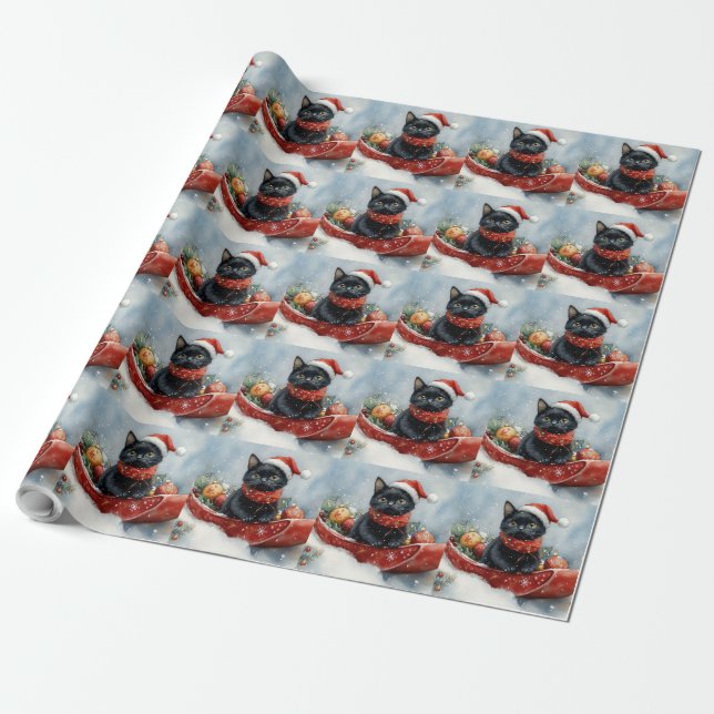 Black Cat in Sledge Let it Snow Christmas Wrapping Paper (Unrolled)