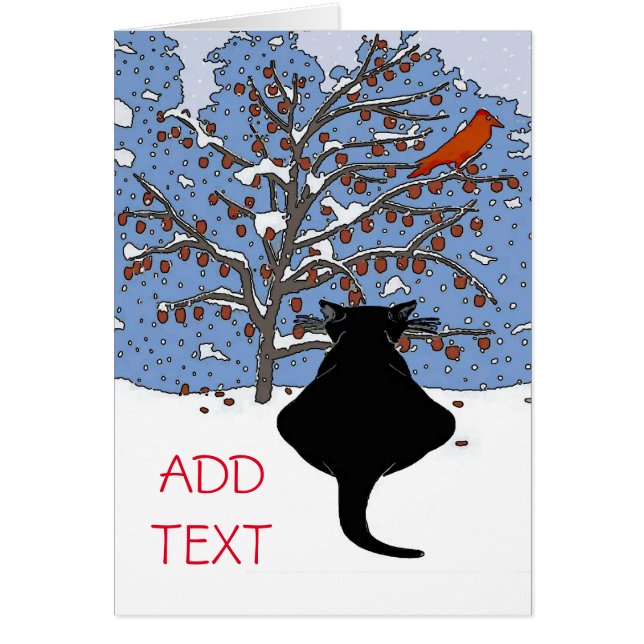 Black Cat in Snow with Red Bird, add text, Cards (Front)