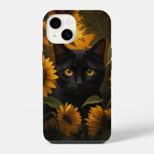 Black Cat in Sunflower Garden Aesthetic iPhone 14 Case