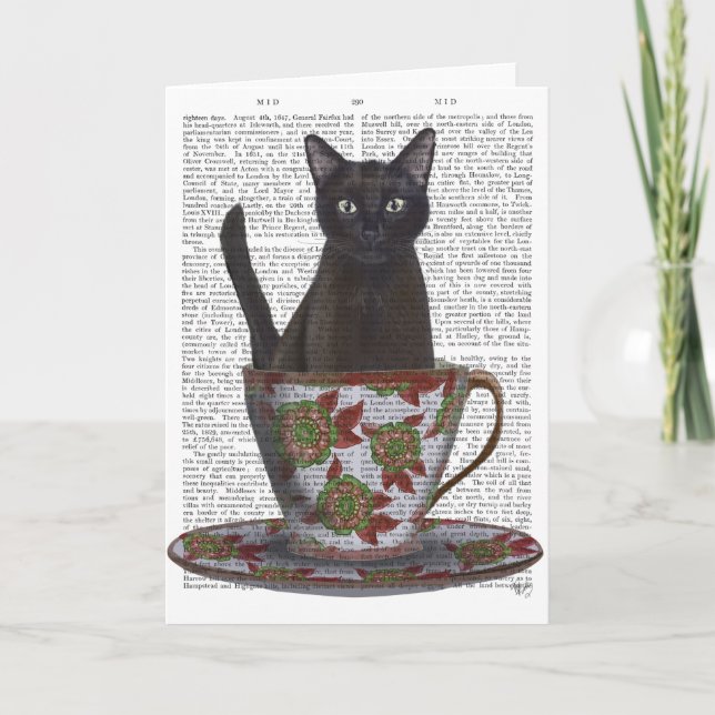 Black Cat in Teacup Card (Front)