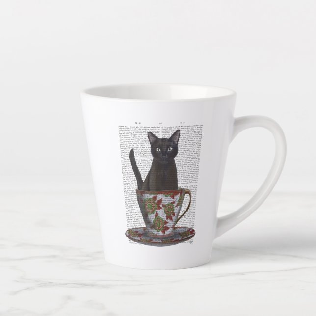 Black Cat in Teacup Latte Mug (Right)