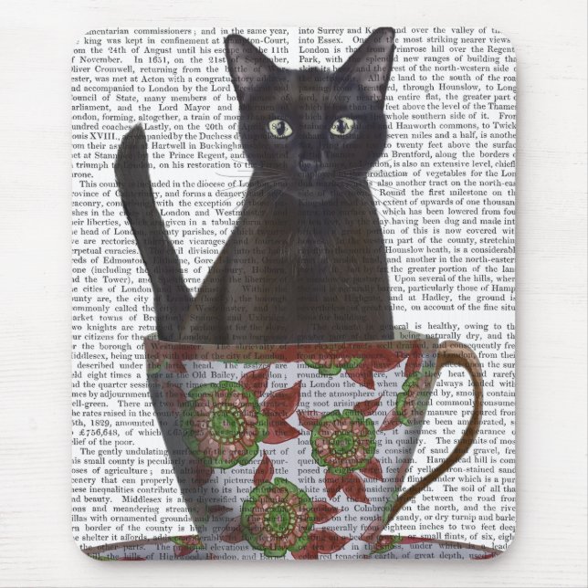 Black Cat in Teacup Mouse Pad (Front)