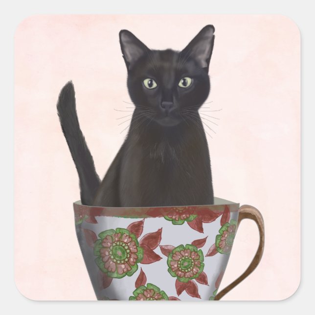 Black Cat in Teacup Square Sticker (Front)