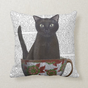 Black Cat in Teacup Throw Pillow