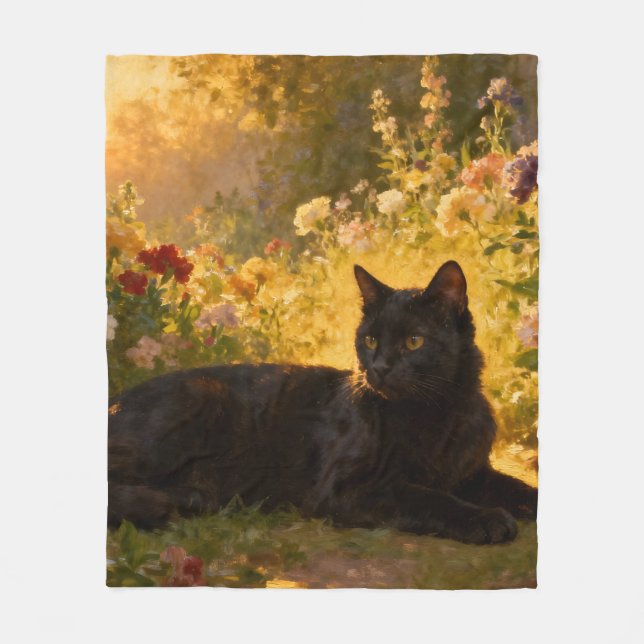 Black Cat in the Flowers I Fleece Blanket (Front)
