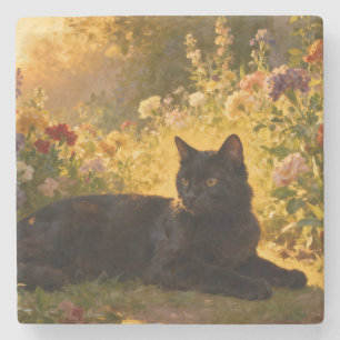Black Cat in the Flowers I Stone Coaster