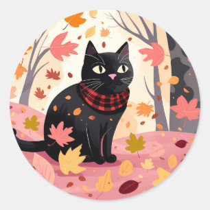 Black cat in the forest classic round sticker