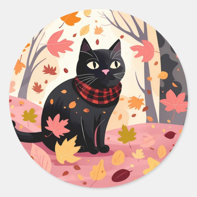 Black cat in the forest classic round sticker (Front)