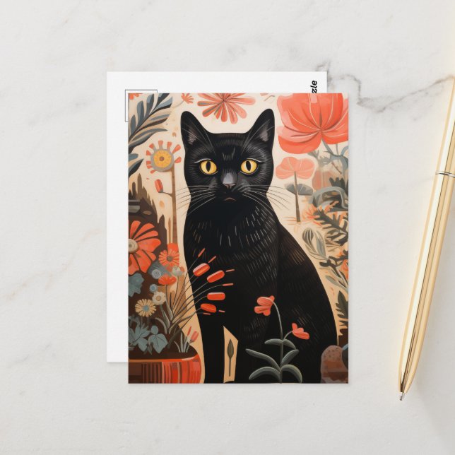 Black Cat in the Plants Postcard (Front/Back In Situ)