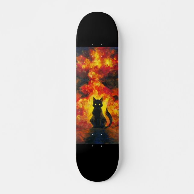 Black Cat in Watercolor Style With Flashbottom Skateboard (Front)