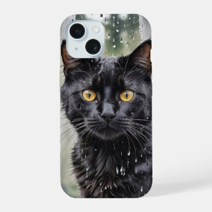 Black Cat In Wet Window iPhone 15 Case