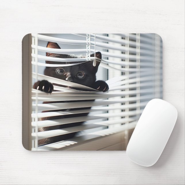 Black Cat In White Blinds Mouse Pad (With Mouse)