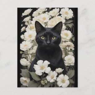 black cat in white flowers postcard