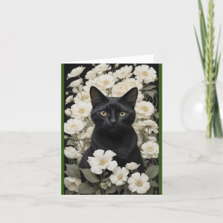 black cat in white flowers thank you card