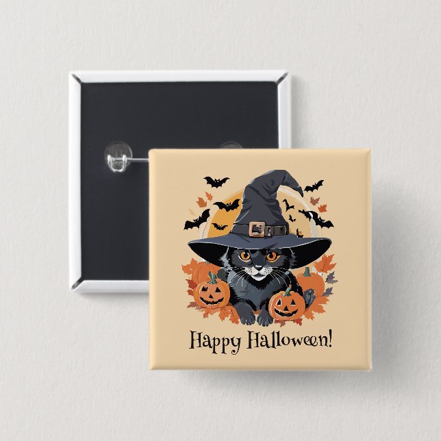 Black Cat in Witch Hat Halloween 2 Inch Square Button (Front & Back)