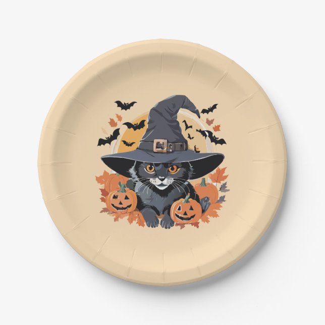 Black Cat in Witch Hat Halloween Paper Plate (Front)
