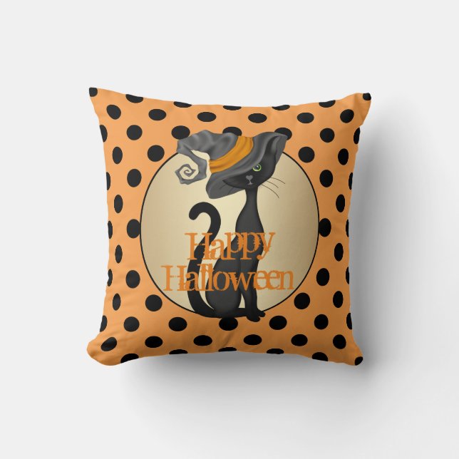 Black Cat in Witch Hat Happy Halloween Throw Pillow (Front)