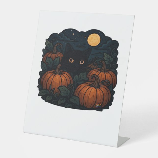 Black Cat in Witch Hat – Matcha Latte Magic Classi Pedestal Sign (Front)